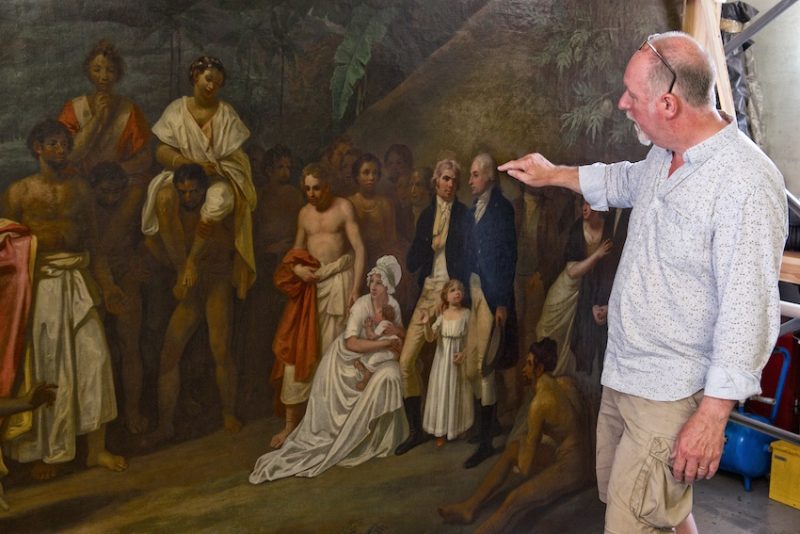 Recently acquired by the National Maritime Museum, Robert Smirke's striking painting of The Cessation of the District of Matavai in the Island of Otaheite (Tahiti) to Captain james Wilson (1798)
