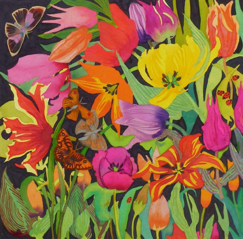 Liz is a fanatical gardener and a marine zoology graduate, and all her paintings are botanically correct