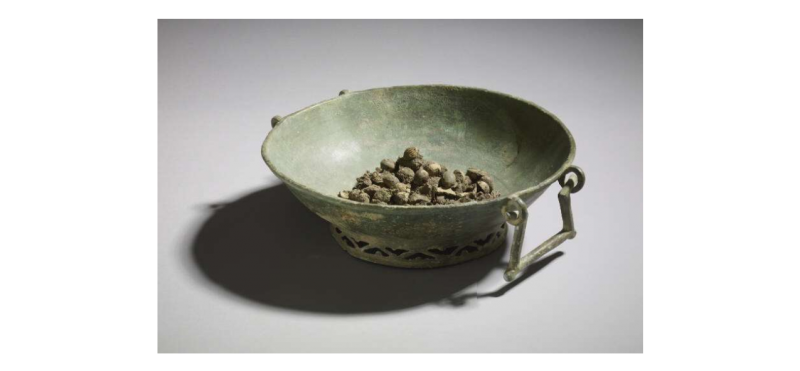 Copper alloy Byzantine bowl, from the King’s Field found containing hazelnuts, (food for the afterlife or an offering to the gods?) 6th-7th century, made in the Eastern Mediterranean (British Museum)