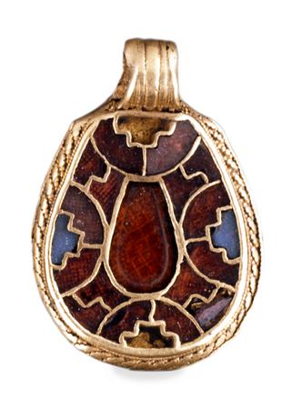Pendant, gold, garnet and blue glass, 7th C. King’s Field. (British Museum)