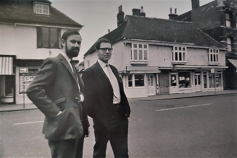 Peter Hutley-Bull and Arthur Percival in front of 10-11a Court Stret saved from destruction after the society's successful opposition to the county council's ring road