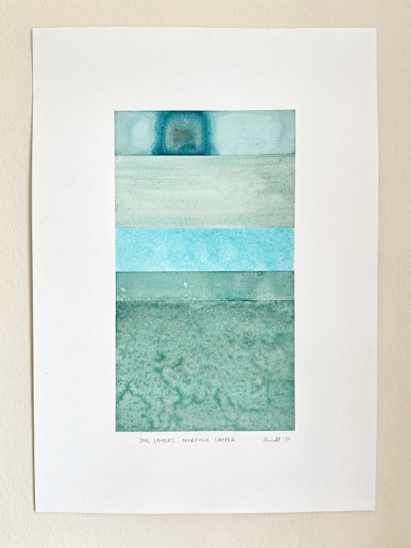 Soil Layers in Norfolk. Copper pigment ink and binder on paper by Polly Bennett