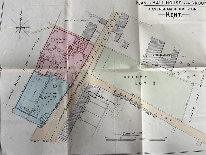 A 19th century plan of Mall House showing croquet and tennis lawns. It is interesting to see that the name of Richard Jones Hilton, who moved into Mall House in 1891, is written across where the station car park is today. In Wreights House next door, Mr Frederick Francis Giraud is living - either the father who died in 1866 or his son, who had the same name, who stayed on with his sisters. The railway was opened in 1858