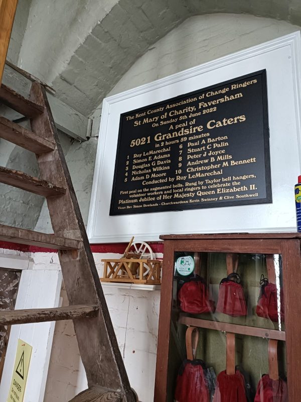 A Peal Board in the bell tower at St Mary’s announcing the successful completion of a full peal of bells to commemorate Queen Elizabeth’s Platinum Jubilee
