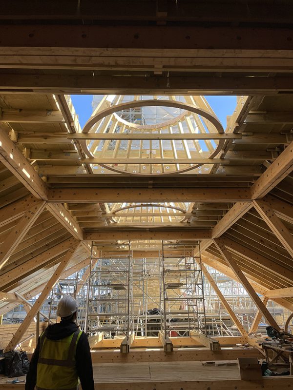 A view through the four new circular skylights
