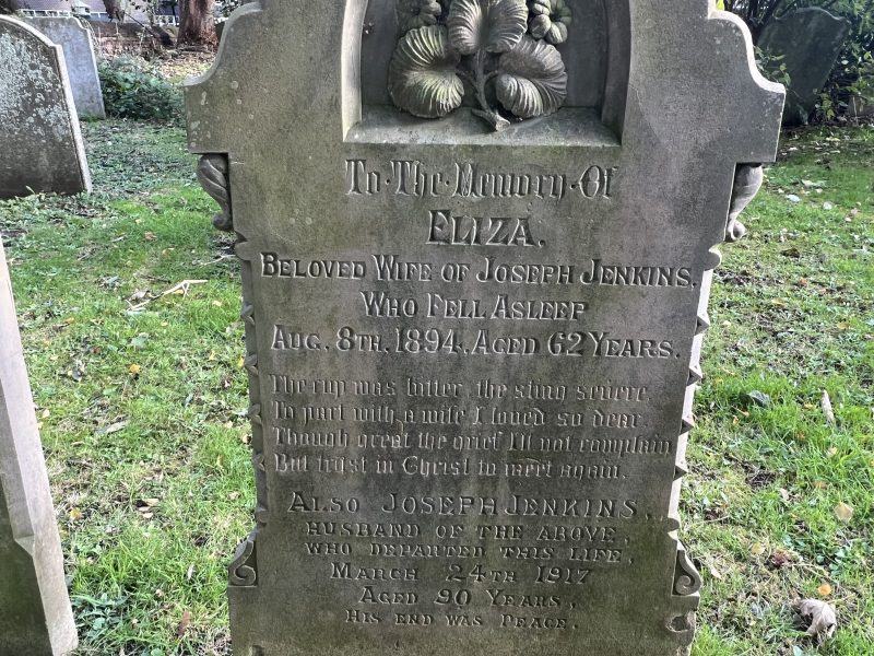 Eliza who 'fell asleep' in 1894, and her husband Joseph who 'departed this life' in 1917. 'The cup was bitter, the sting severe,/ To part with a wife I loved so dear./ Though great the grief, I'll not complain/ But trust in Christ to meet again'