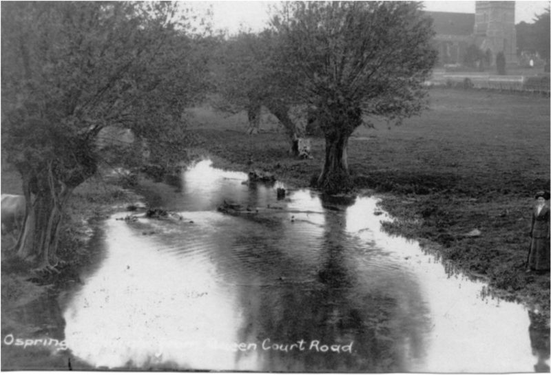 The Westbrook south of Ospringe was a substantial stream until abstraction and other factors caused water levels to drop in the 1950s. Note Ospringe Church in the background