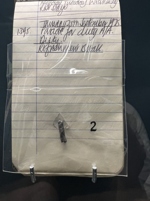 A policeman's notebook saved his life in the bombing of The Hare and Hounds pub in Maidstone in 1975. This is the piece of shrapnel which, but for the notebook, would have entered his chest