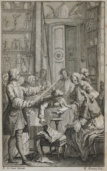 Frontispiece illustration from Essai sur l'electricité des corps by M. l'abbé Nollet. Paris : Chez les freres Guerin, 1746. The image depicts Nollet’s “electric boy” experiment, in which a boy hanging from insulating silk ropes is given an electric charge. A group are gathered around. A woman is encouraged to bend forward and poke the boy's nose, to get an electric shock.