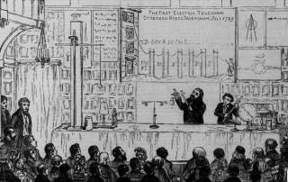 A lecture at the Charterhouse on discoveries in electricity by Stephen Gray. The diagram above the speaker shows the first electric telegraph at Otterden Place, Faversham July 1729