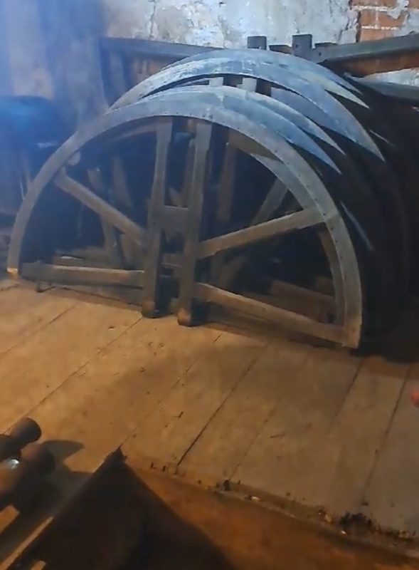 Restoration in progress of the bell wheels