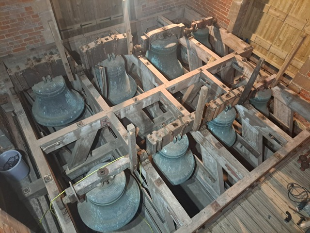 The bells of Throwley Church seen from above