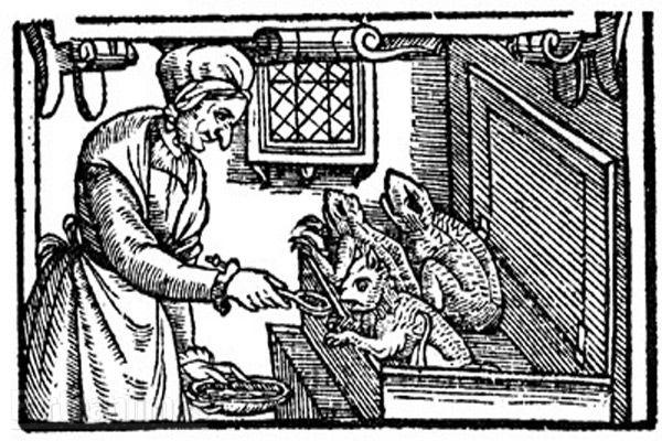 A witch feeding her familiars with blood, in A Rehearsall both Straung and True, of Hainous and Horrible Actes Committed by Elizabeth Stile (1579)