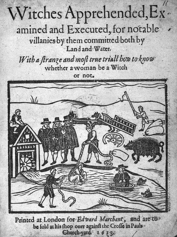 Credit: Wellcome Library, LondonTitle page of "Witches apprehended..." showing a witch being dunked in a river. Witches apprehended, examined and executed for notable villanies by them committed both by land and water. Published 1613