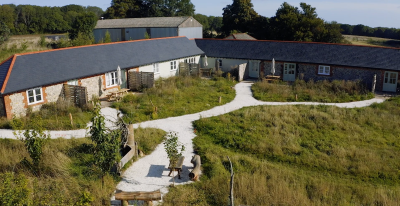 An aerial view of the restored stables