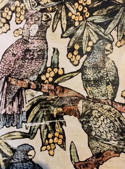 Helen Adams. Parrots. Watercolour on wood laminate paper