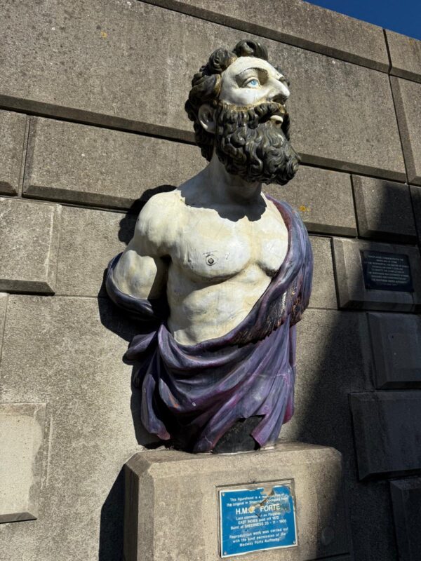 A reproduction of the figurehead of HMS Forte, built at Sheerness. The original is in the Dockyard