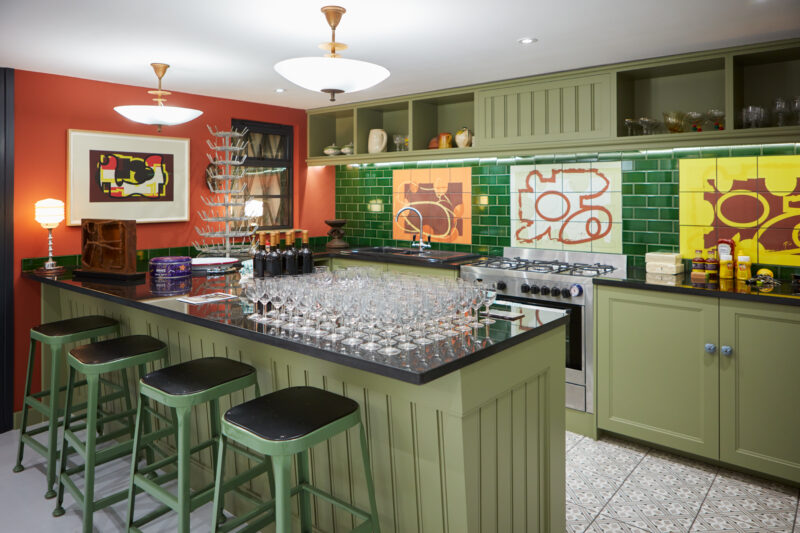 Jeff Lowe tiles in the bar area