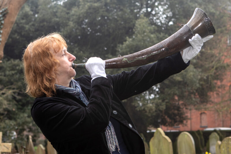 The moot horn blown in the churchyard of St Mary of Charity