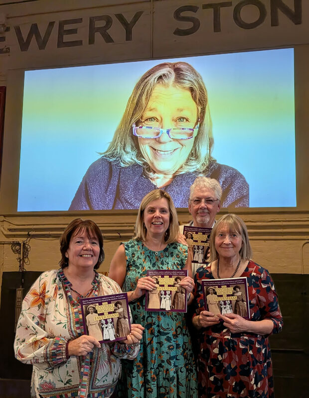 Griselda looks down on the posthumous editors of the book she inspired: (from left) Faversham Society vice-chairman Christine and two members of the Faversham Society, vice-chairman Leigh Allison, trustee Dr Jane Secker, Steve Rayner and Christine Rayner